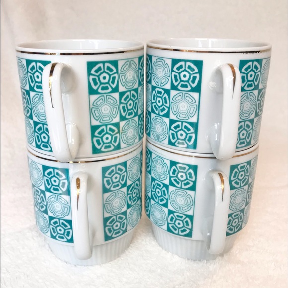 4 Vintage Chinese stackable coffee tea espresso mugs teal blue pattern gold trim - Picture 3 of 7